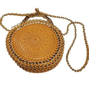 Beautiful Round Leather Satchel with Bamboo Handle and Chain for Crossbody